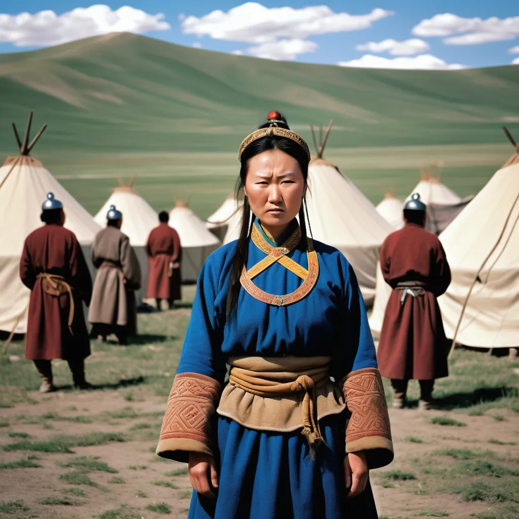 Prompt: A military encampment of the Mongol Empire about 1250AD. Standing in the foreground is a 50 year old Mongolian woman. She has Mongol style hair of the period. She is wearing Mongol clothing of the thirteenth century. She is wearing Mongol facial and body jewellery.