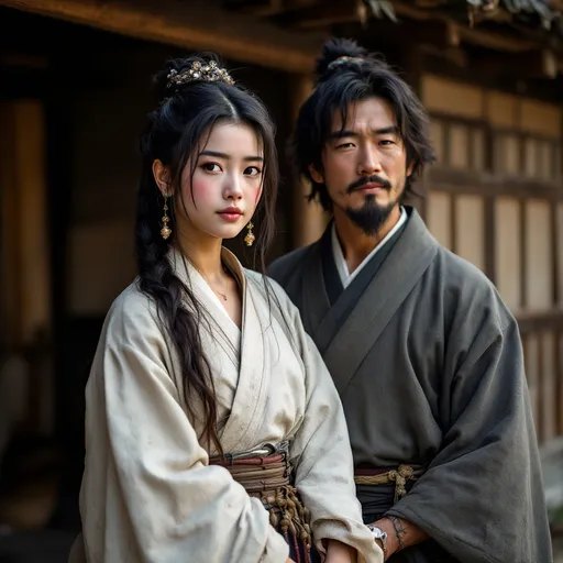 Prompt: A 16 year old peasant girl of the Ashikaga Shogunate in Japan is standing with her father  in front of a village hut in 1400AD. She is wearing Ashikaga clothing of the period. She has her hair in the Ashikaga style and is wearing Ashikaga facial and body make-up and jewellery.

