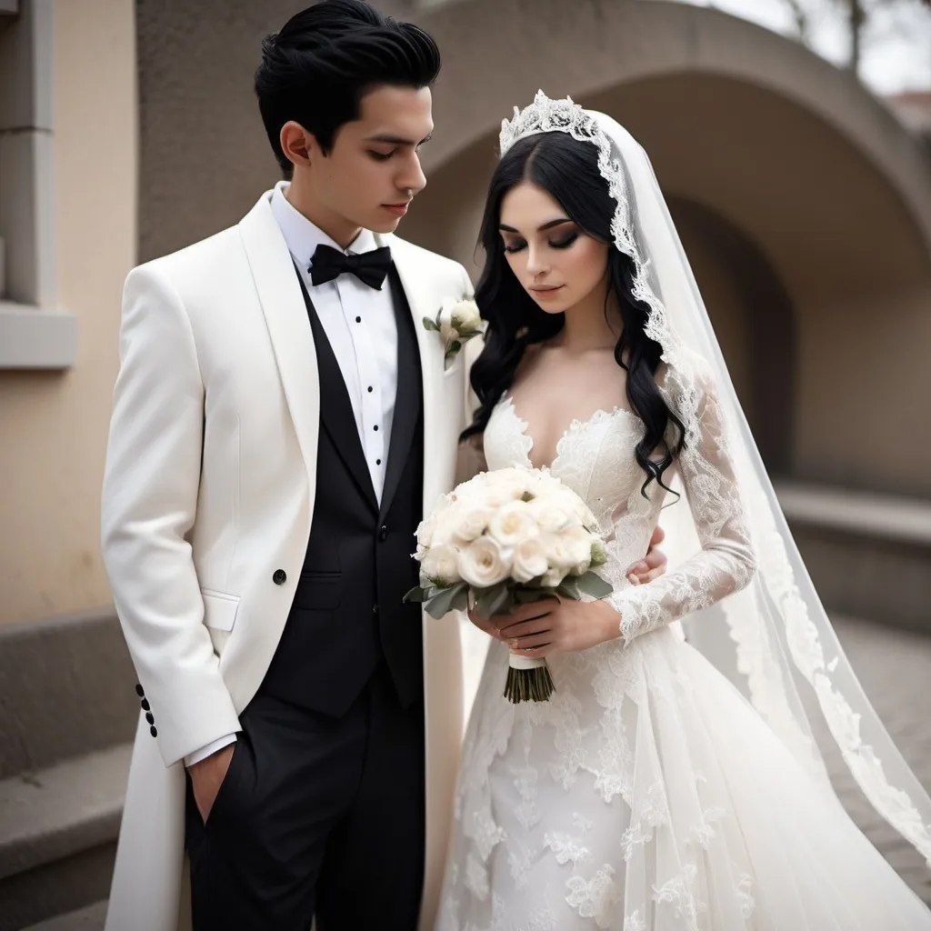 Prompt: Bride and groom photo design
The groom's coat should be white and his pants should be black. The groom's shoes should be black.
The bride's dress should have a train and be made of delicate lace.
The bride's veil should be made of fabric.
The bride has long, black hair.
