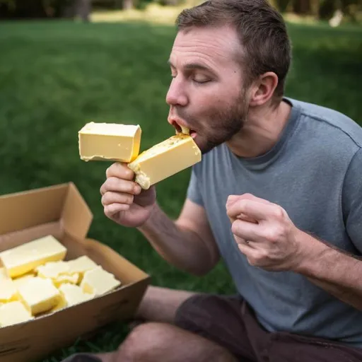 Prompt: human man eating a stick of butter and a box of half and half
