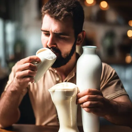 Prompt:  man drinking frothy cream from a pitcher