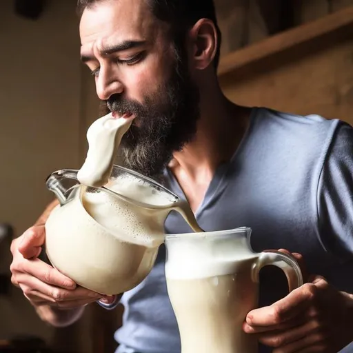 Prompt:  man drinking frothy cream from a pitcher