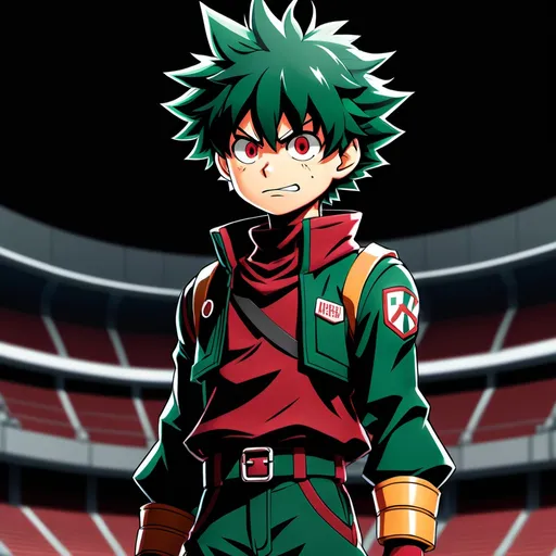 Prompt: deku from my hero academenia but dark red style on his clothes standing angry
 evil in a big arena