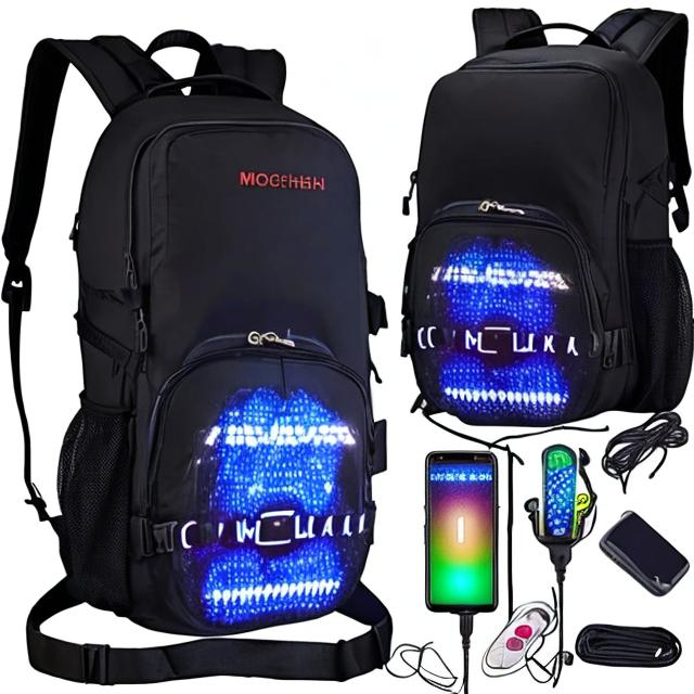 Prompt: mochila negra inteligente con 1 pantalla led para proyectar emojis.