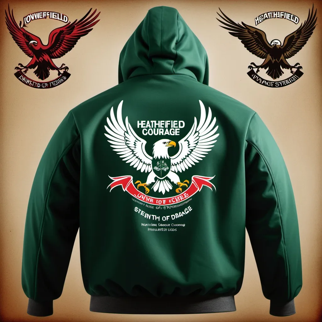 Prompt: Here's the updated description:

"Design a hooded jacket with:

Main colors: White, Green, and minimal Red accents

Front:

School Logo: Heathfield High School (centered)
Drama & Arts (text, curved around logo)

Back:

Quote: 'Roots of strength, wings of courage'
Student's Name: Jovine
'25'
Eagle image (below '25')

Style: Modern, bold, and inspiring

Ensure the design balances colors, with red used sparingly. Prioritize readability and visibility of the quote, student's name, and school logo."

Your custom jacket design is now complete!