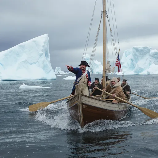 Prompt: Prompt A colonial general stands proudly at the front of a small wooden boat, pointing forward as he guides his men. The men are rowing with determination through icy waters filled with floating icebergs. It is daytime with a cold, cloudy sky. The general wears a blue colonial coat and hat, while his crew wear rugged brown winter clothing. The scene feels historic and heroic.