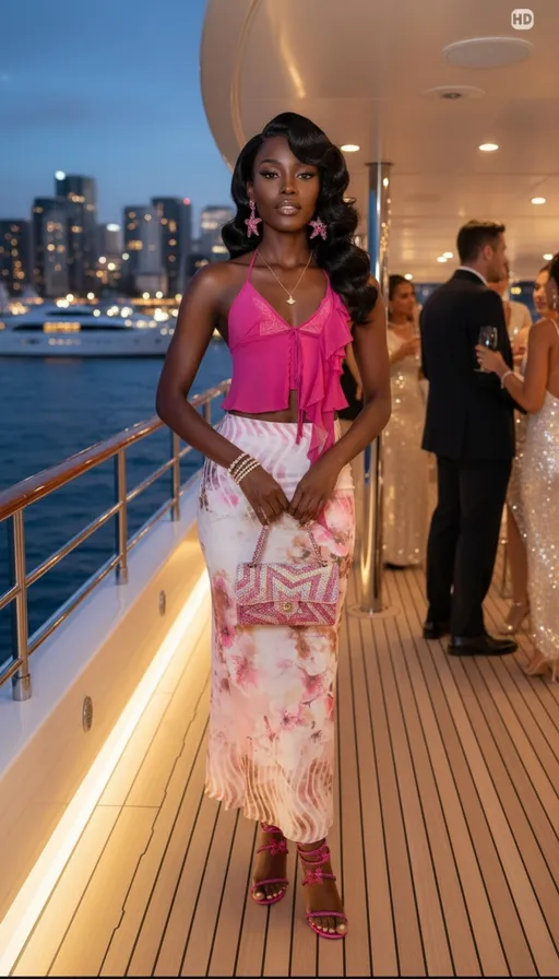 Prompt: that woman portrait wear that outfit and her hair like that style ,standing at yacht party