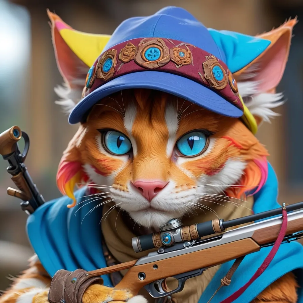 Prompt: ginger tabaxi with a multicoloured cap hat a crossbow and blue eyes