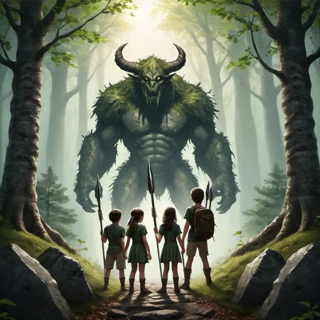 Prompt: Create an image for a novel's front cover: Make a girl standing in the middle of a forest, and stone walls were beside her, keeping her in. Two boys stood beside her, each holding spears. Monsters, very realistic are coming after them. 
