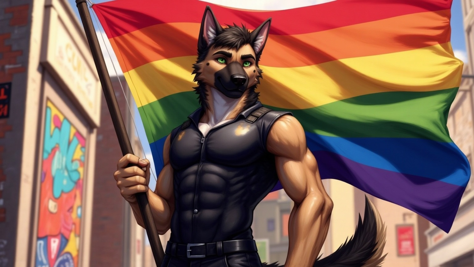 Prompt: @gwLxEcOpTp3xBfDqyMPK waving the gay pride flag wearing full leather 