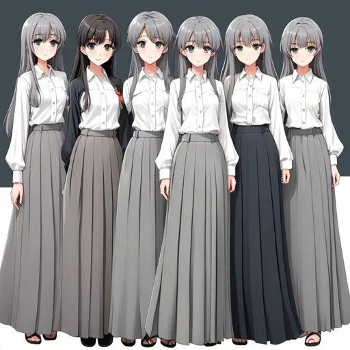 Prompt: Multiple anime girls wearing floor-length maxi long grey pleated skirts and buttoned blouses.