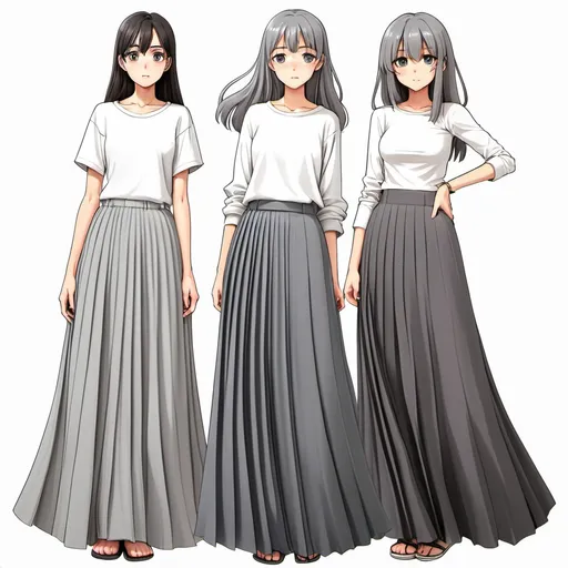 Prompt: Multiple anime girls wearing floor-length maxi long grey pleated skirts.