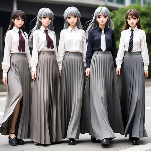 Prompt: Multiple anime girls wearing floor-length maxi long grey pleated skirts and buttoned blouses.