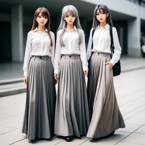 Prompt: Multiple anime girls wearing floor-length maxi long grey pleated skirts and buttoned blouses.