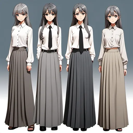 Prompt: Multiple anime girls wearing floor-length maxi long grey pleated skirts and buttoned blouses.