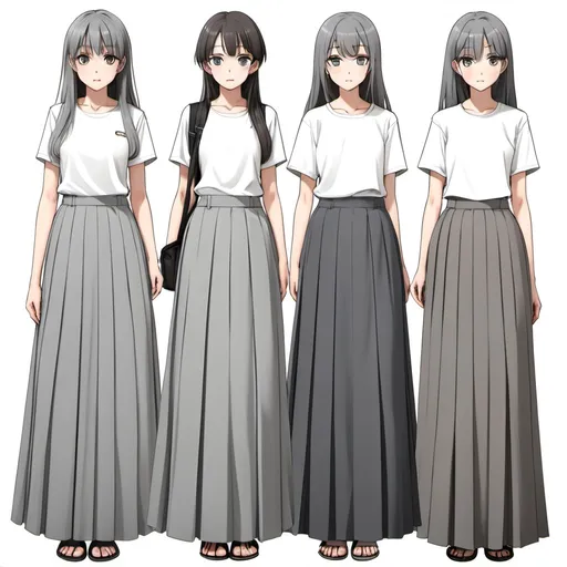 Prompt: Multiple anime girls wearing floor-length maxi long grey pleated skirts.