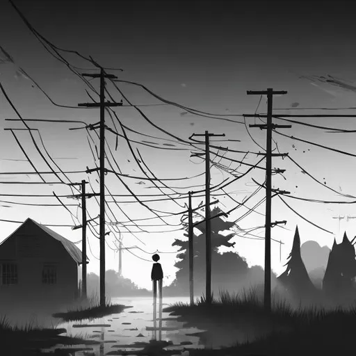 Prompt: a rural area
a tall man
a boy
standing characters
black and grey
soft light
horror 
