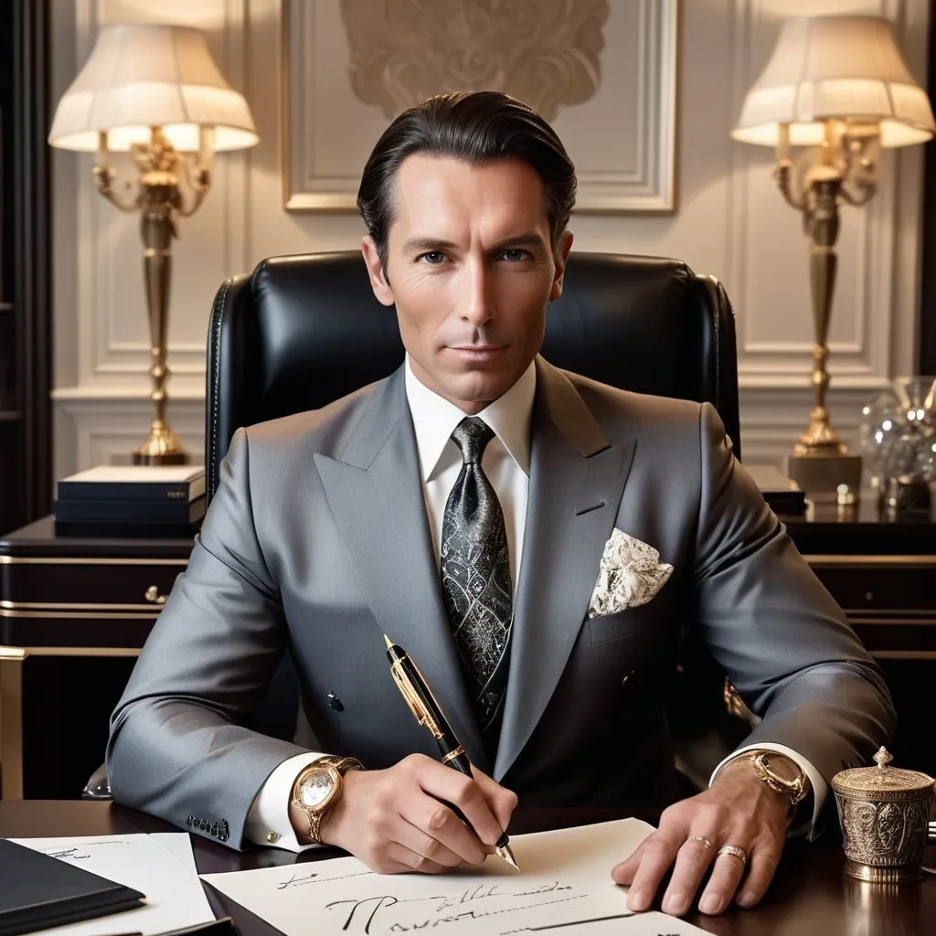 Prompt: Affluent professional/entrepreneur in late 30s-50s, impeccably dressed, projected an aura of confidence/success Shown in luxurious home/office setting adorned with prestigious decor using a Montblanc pen