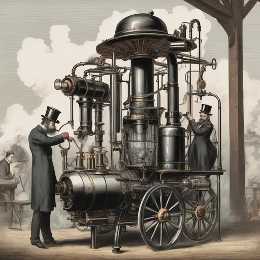 Prompt: a Whimsical steam-powered machine with a vacuum hose and four strong men operating it.