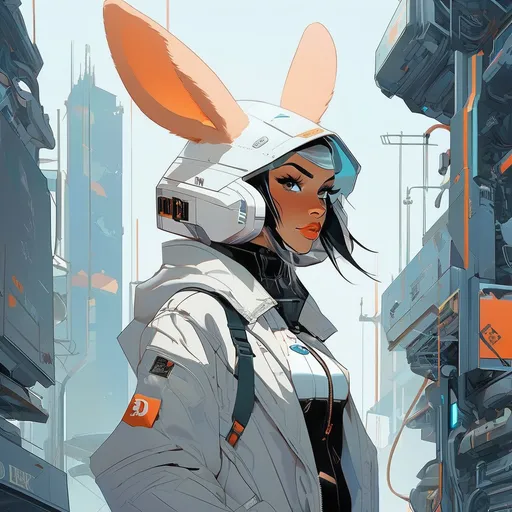 Prompt: a study of cell shaded protrait full body of female anthropomorphic furry rabbit with small ears in artstyle, llustration, post frostpunk, grunge, concept art by josan gonzales and wlop, by james jean, Victo ngai, David Rubín, Mike Mignola, Laurie Greasley, highly detailed, sharp focus, alien, Trending on Artstation, HQ, deviantart, art by artgem