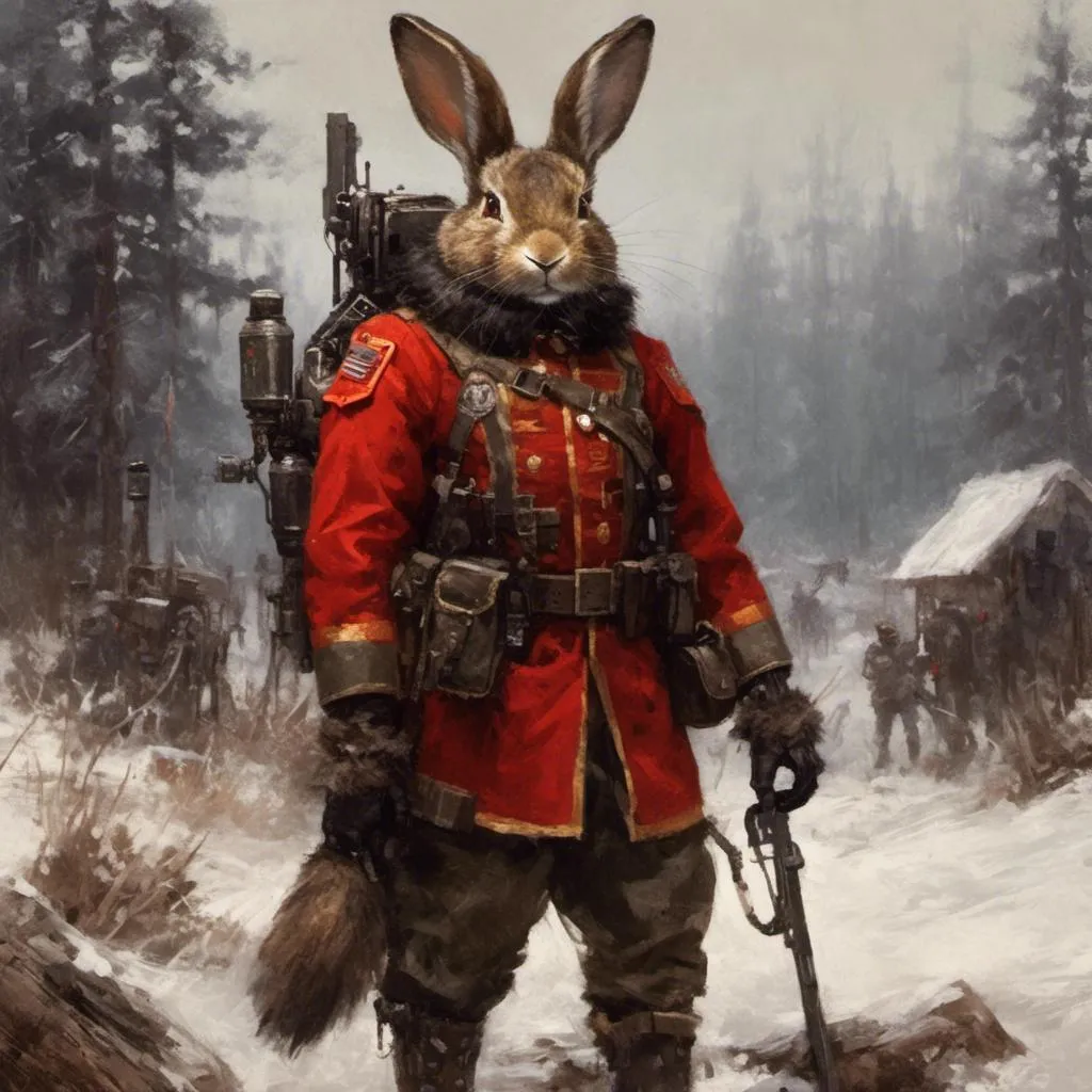 Prompt: <mymodel>full body portrait, anthropomorphic female rabbit, red fur-trimmed uniform, practical uniform, backdrop of Krieger war camp, .25 scale sleek mecha, Artgerm art style, Maxfield Parrish, detailed face, 4k, war camp setting, sleek design, anthropomorphic, professional, detailed eyes, practical uniform, mecha, detailed fur, Artgerm style, Maxfield Parrish influence, professional lighting