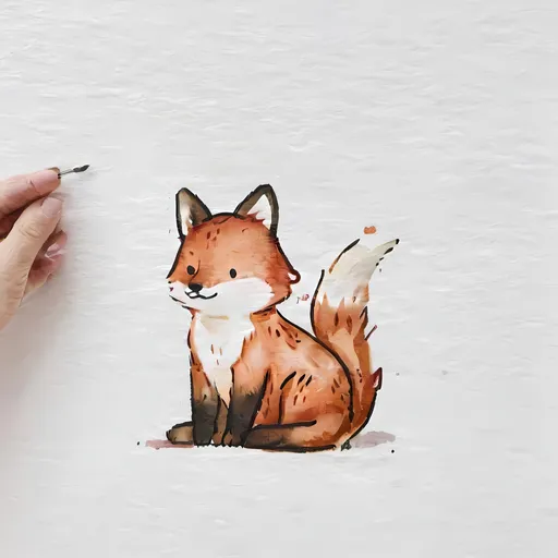 Prompt: simple watercolor of a cartoon fox sitting with face in 3/4 profile, painted  on a blank white canvas background 