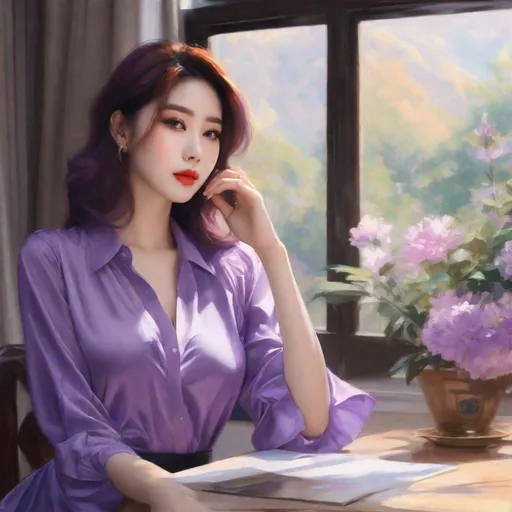 Prompt: My prompt> Humble, Masterpiece, Lee Jaehee, 20 year old milf, from his pov,  ulzzang, realistic kpop idol,  purple hair, beautiful woman, big chest, B cup, uhd, realistic, 4k, 8k, photoshoot, extremely high definition, perfection, Henri Émile Benoît Matisse type painting, scenic, portrait, insanity, breathtaking, iridescent, complex, impressive, remarkable, glorious, grandiose, sumptuous, luxurious, 