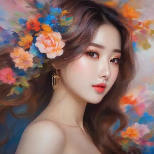 Prompt: My prompt> Masterpiece, Beautiful Japanese woman, 20 year old milf,  ulzzang, realistic kpop idol, colorful hair. beautiful woman, big chest, B cup, uhd, realistic, 4k, 8k, photoshoot, extremely high definition, perfection, Leonardo da vinci type painting, scenic, portrait, insanity, breathtaking, iridescent, complex, impressive, remarkable, glorious, grandiose, sumptuous, luxurious, 