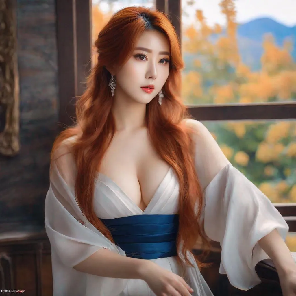 Prompt: My prompt> Humble, Masterpiece, Beautiful Japanese woman, 20 year old milf,  ulzzang, realistic kpop idol, red or orange hair. beautiful woman, big chest, B cup, uhd, realistic, 4k, 8k, photoshoot, extremely high definition, perfection, Leonardo da vinci type painting, scenic, portrait, insanity, breathtaking, iridescent, complex, impressive, remarkable, glorious, grandiose, sumptuous, luxurious, 