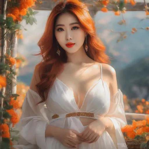 Prompt: My prompt> Humble, Masterpiece, Beautiful Vietnamese woman, 20 year old milf,  ulzzang, realistic kpop idol, red or orange hair. beautiful woman, big chest, B cup, uhd, realistic, 4k, 8k, photoshoot, extremely high definition, perfection, Leonardo da vinci type painting, scenic, portrait, insanity, breathtaking, iridescent, complex, impressive, remarkable, glorious, grandiose, sumptuous, luxurious, 