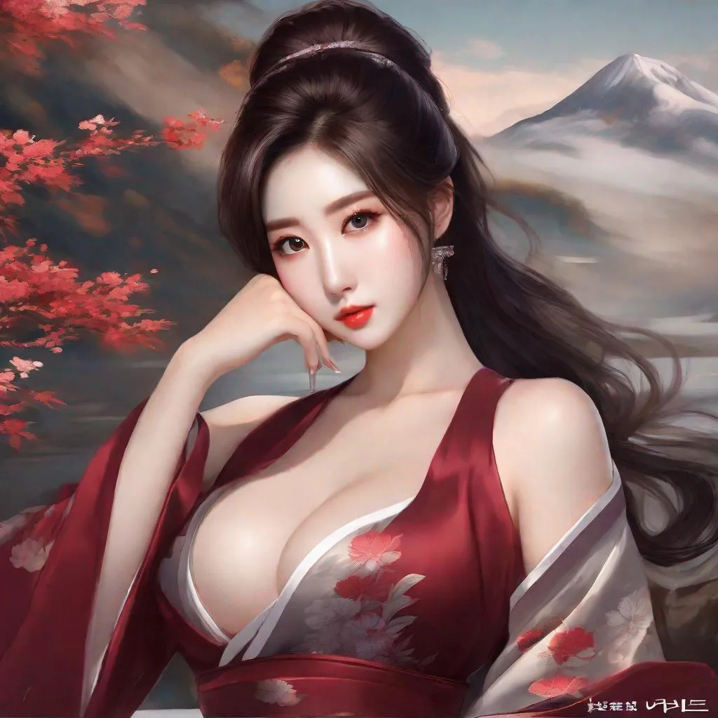 Prompt: My prompt> Humble, Masterpiece, Kang Mina type face, Kang Mina type body, 20 year old milf, from his pov,  ulzzang, realistic kpop idol,  dark burgundy hair, beautiful woman, big chest, B cup, uhd, realistic, 4k, 8k, photoshoot, extremely high definition, perfection, Hokusai type painting,  cat girl, dog girl, fox girl, playboy, scenic, portrait, insanity, breathtaking, iridescent, complex, impressive, remarkable, glorious, grandiose, sumptuous, luxurious, 