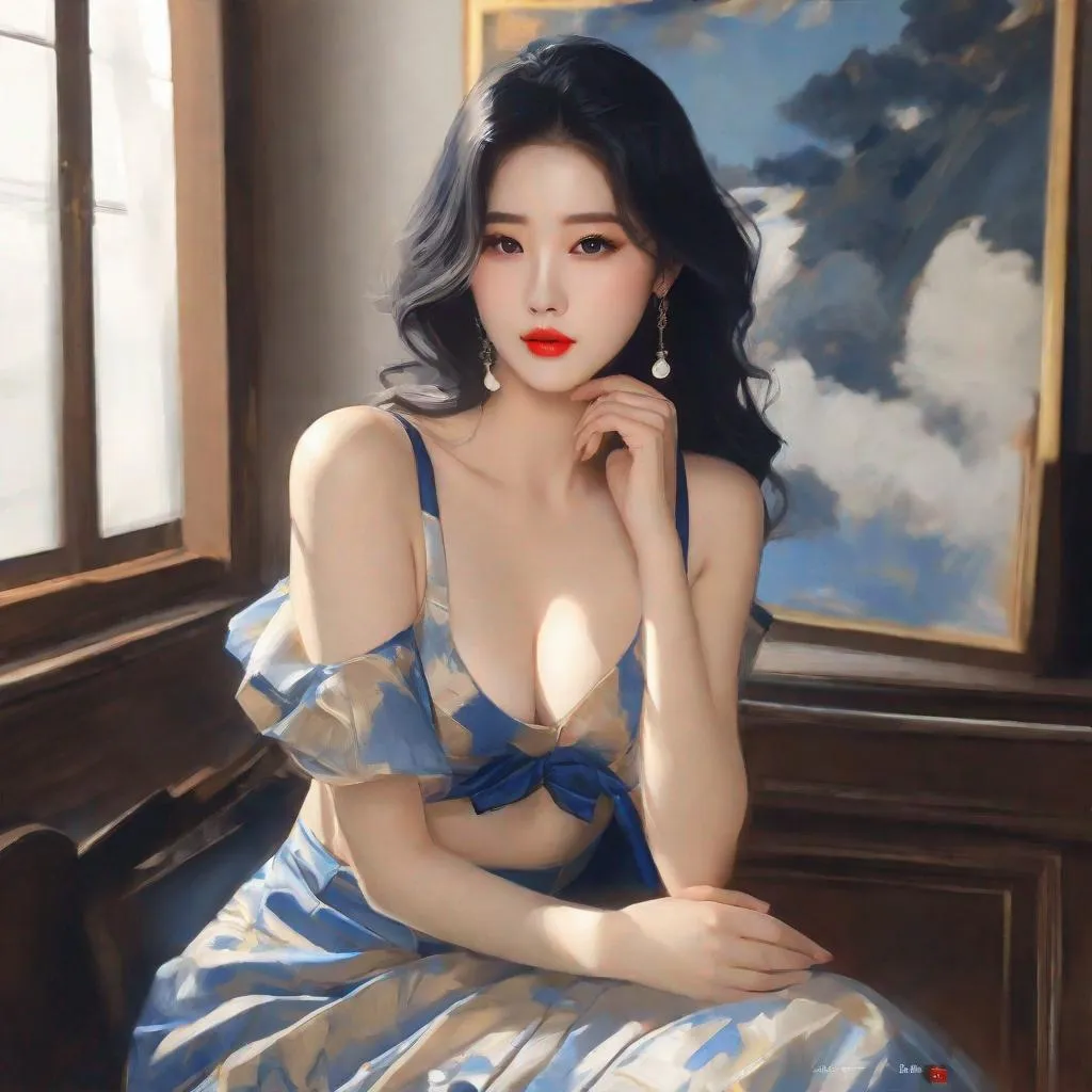 Prompt: My prompt> Humble, Masterpiece, Lee Jaehee, 20 year old milf, from his pov,  ulzzang, realistic kpop idol,  dark blue hair, beautiful woman, big chest, B cup, uhd, realistic, 4k, 8k, photoshoot, extremely high definition, perfection, Henri Émile Benoît Matisse type painting, scenic, portrait, insanity, breathtaking, iridescent, complex, impressive, remarkable, glorious, grandiose, sumptuous, luxurious, 