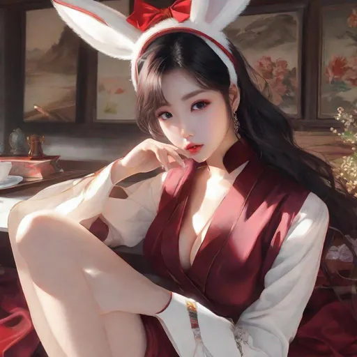 Prompt: My prompt> Humble, Masterpiece, Kang Mina type face, Kang Mina type body, 20 year old milf, from his pov,  ulzzang, realistic kpop idol,  dark burgundy hair, beautiful woman, big chest, B cup, uhd, realistic, 4k, 8k, photoshoot, extremely high definition, perfection, Hokusai type painting, bunny girl, playboy, scenic, portrait, insanity, breathtaking, iridescent, complex, impressive, remarkable, glorious, grandiose, sumptuous, luxurious, 