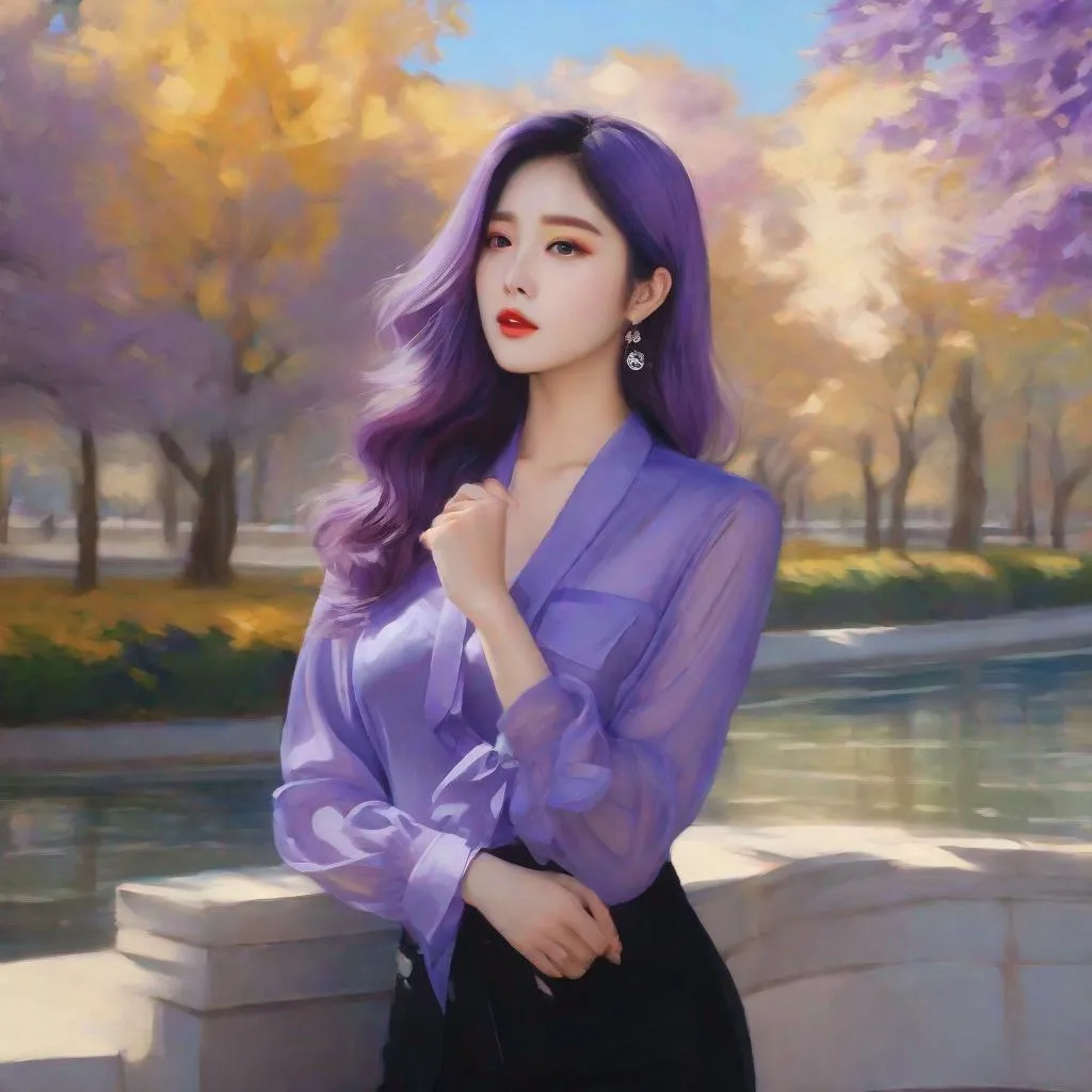 Prompt: My prompt> Humble, Masterpiece, Lee Jaehee, 20 year old milf,  ulzzang, realistic kpop idol,  purple hair, beautiful woman, big chest, B cup, uhd, realistic, 4k, 8k, photoshoot, extremely high definition, perfection, Henri Émile Benoît Matisse type painting, scenic, portrait, insanity, breathtaking, iridescent, complex, impressive, remarkable, glorious, grandiose, sumptuous, luxurious, 