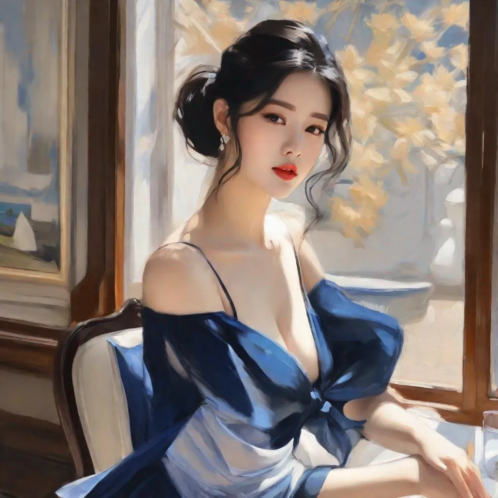 Prompt: My prompt> Humble, Masterpiece, Lee Jaehee, 20 year old milf, from his pov,  ulzzang, realistic kpop idol,  dark blue hair, beautiful woman, big chest, B cup, uhd, realistic, 4k, 8k, photoshoot, extremely high definition, perfection, Henri Émile Benoît Matisse type painting, scenic, portrait, insanity, breathtaking, iridescent, complex, impressive, remarkable, glorious, grandiose, sumptuous, luxurious, 