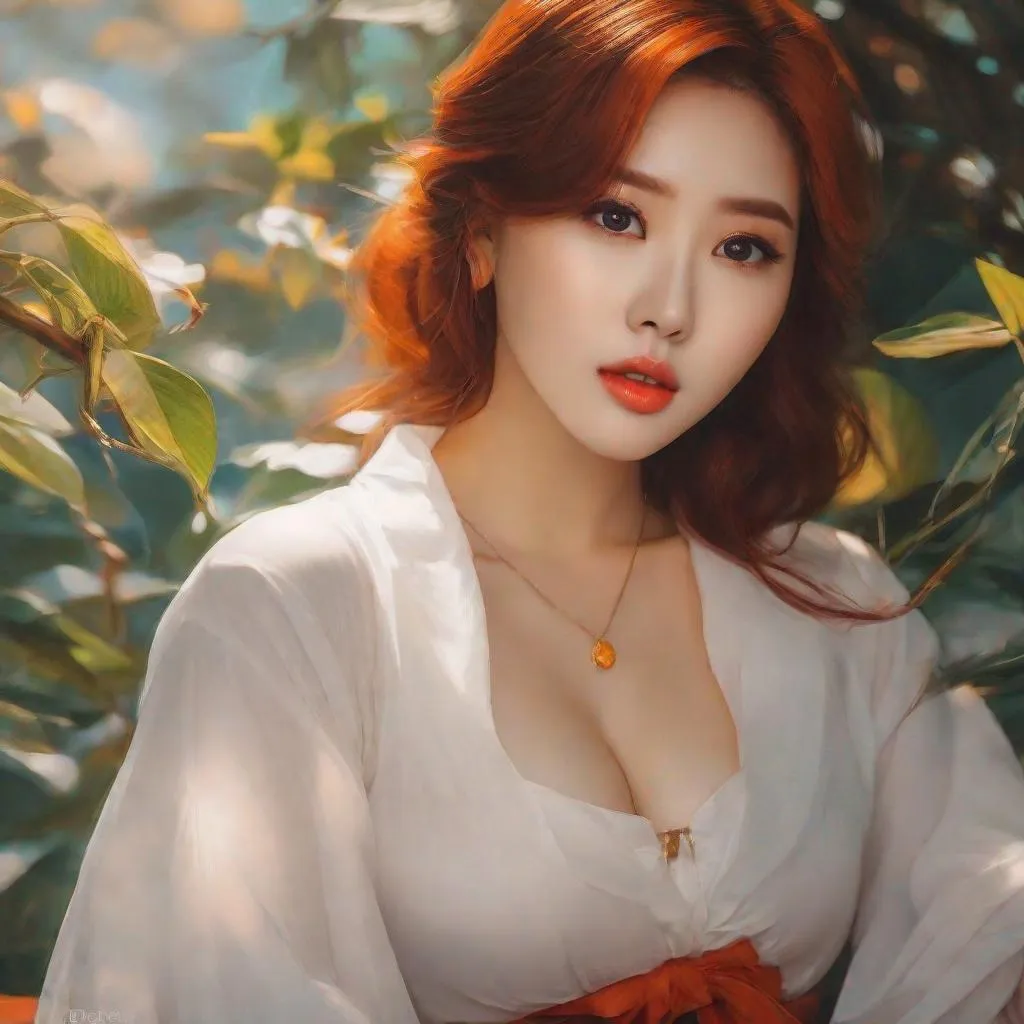 Prompt: My prompt> Humble, Masterpiece, Beautiful Vietnamese woman, 20 year old milf,  ulzzang, realistic kpop idol, red or orange hair. beautiful woman, big chest, B cup, uhd, realistic, 4k, 8k, photoshoot, extremely high definition, perfection, Leonardo da vinci type painting, scenic, portrait, insanity, breathtaking, iridescent, complex, impressive, remarkable, glorious, grandiose, sumptuous, luxurious, 