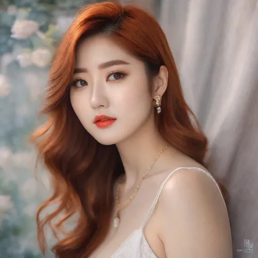 Prompt: My prompt> Masterpiece, Beautiful Japanese woman, 20 year old milf,  ulzzang, realistic kpop idol, red or orange hair. beautiful woman, big chest, B cup, uhd, realistic, 4k, 8k, photoshoot, extremely high definition, perfection, Leonardo da vinci type painting, scenic, portrait, insanity, breathtaking, iridescent, complex, impressive, remarkable, glorious, grandiose, sumptuous, luxurious, 