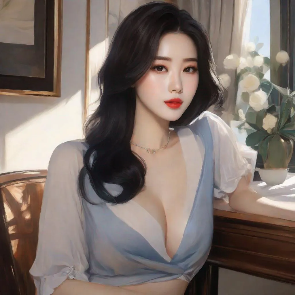 Prompt: My prompt> Humble, Masterpiece, Lee Jaehee, 20 year old milf, from his pov,  ulzzang, realistic kpop idol,  dark blue hair, beautiful woman, big chest, B cup, uhd, realistic, 4k, 8k, photoshoot, extremely high definition, perfection, Henri Émile Benoît Matisse type painting, scenic, portrait, insanity, breathtaking, iridescent, complex, impressive, remarkable, glorious, grandiose, sumptuous, luxurious, 