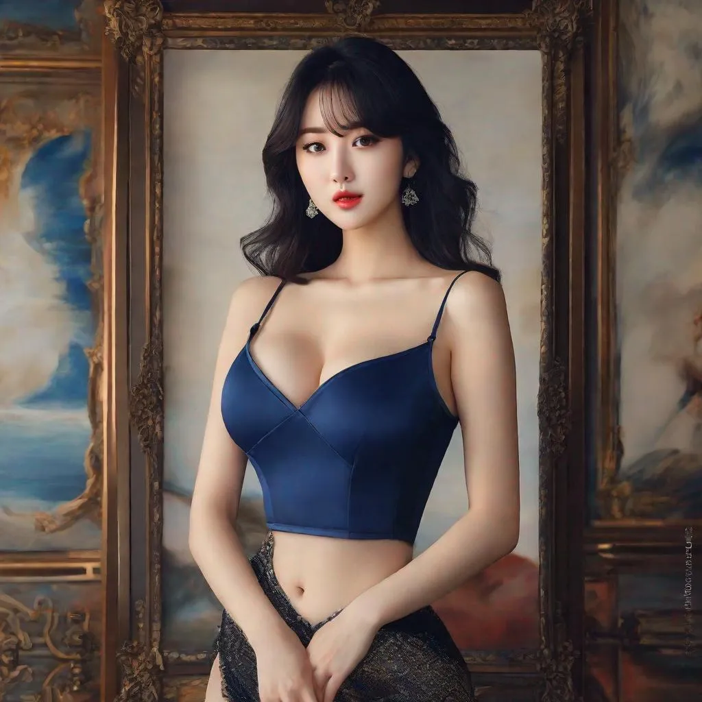 Prompt: My prompt> Humble, Masterpiece, Kang Mina type face, Kang Mina type body, 20 year old milf, from his pov,  ulzzang, realistic kpop idol,  dark blue hair, beautiful woman, big chest, B cup, uhd, realistic, 4k, 8k, photoshoot, extremely high definition, perfection, Salvador Dalí type painting, scenic, portrait, insanity, breathtaking, iridescent, complex, impressive, remarkable, glorious, grandiose, sumptuous, luxurious, 