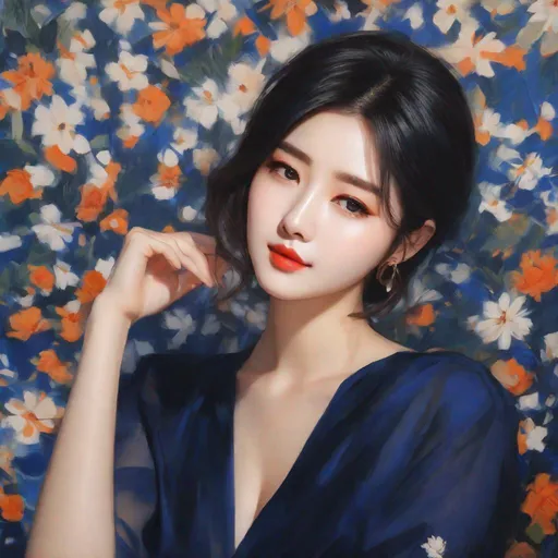 Prompt: My prompt> Humble, Masterpiece, Lee Jaehee, 20 year old milf, from his pov,  ulzzang, realistic kpop idol,  dark blue hair, beautiful woman, big chest, B cup, uhd, realistic, 4k, 8k, photoshoot, extremely high definition, perfection, Henri Émile Benoît Matisse type painting, scenic, portrait, insanity, breathtaking, iridescent, complex, impressive, remarkable, glorious, grandiose, sumptuous, luxurious, 