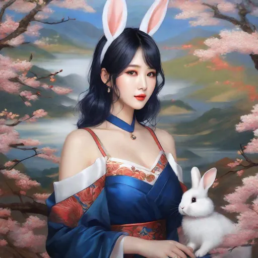 Prompt: My prompt> Humble, Masterpiece, Kang Mina type face, Kang Mina type body, 20 year old milf, from his pov,  ulzzang, realistic kpop idol,  dark blue hair, beautiful woman, big chest, B cup, uhd, realistic, 4k, 8k, photoshoot, extremely high definition, perfection, Hokusai type painting, bunny girl, playboy, scenic, portrait, insanity, breathtaking, iridescent, complex, impressive, remarkable, glorious, grandiose, sumptuous, luxurious, 