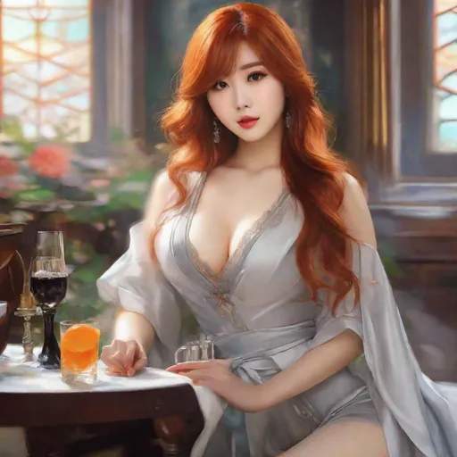 Prompt: My prompt> Masterpiece, Beautiful Japanese woman, 20 year old milf,  ulzzang, realistic kpop idol, red or orange hair. beautiful woman, big chest, B cup, uhd, realistic, 4k, 8k, photoshoot, extremely high definition, perfection, Leonardo da vinci type painting, scenic, portrait, insanity, breathtaking, iridescent, complex, impressive, remarkable, glorious, grandiose, sumptuous, luxurious, 