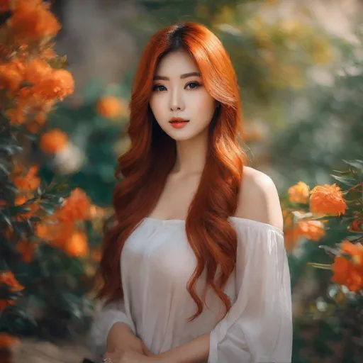 Prompt: My prompt> Humble, Masterpiece, Beautiful Vietnamese woman, 20 year old milf,  ulzzang, realistic kpop idol, red or orange hair. beautiful woman, big chest, B cup, uhd, realistic, 4k, 8k, photoshoot, extremely high definition, perfection, Leonardo da vinci type painting, scenic, portrait, insanity, breathtaking, iridescent, complex, impressive, remarkable, glorious, grandiose, sumptuous, luxurious, 