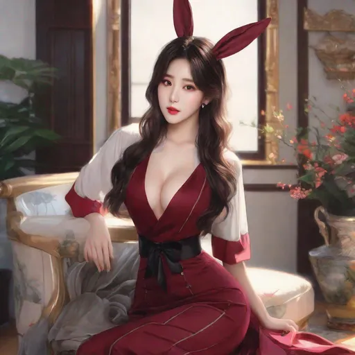 Prompt: My prompt> Humble, Masterpiece, Kang Mina type face, Kang Mina type body, 20 year old milf, from his pov,  ulzzang, realistic kpop idol,  dark burgundy hair, beautiful woman, big chest, B cup, uhd, realistic, 4k, 8k, photoshoot, extremely high definition, perfection, Hokusai type painting, bunny girl, cat girl, dog girl, fox girl, playboy, scenic, portrait, insanity, breathtaking, iridescent, complex, impressive, remarkable, glorious, grandiose, sumptuous, luxurious, 