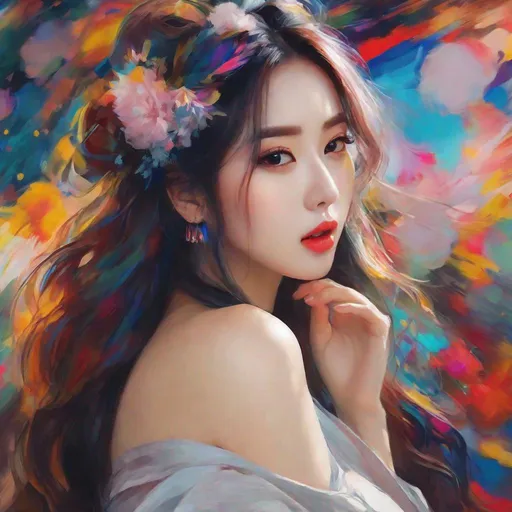 Prompt: My prompt> Masterpiece, Beautiful Japanese woman, ulzzang, realistic kpop idol, colorful hair. beautiful woman, big chest, FFF cup, uhd, realistic, 4k, 8k, photoshoot, extremely high definition, perfection, Wassily Kandinsky type painting, scenic, portrait, insanity, breathtaking, iridescent, complex, impressive, remarkable, glorious, grandiose, sumptuous, luxurious, 