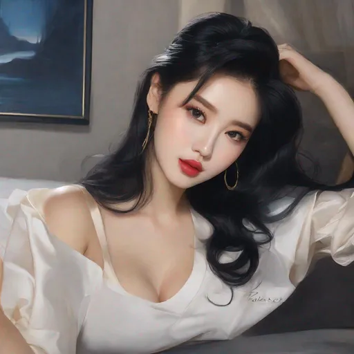 Prompt: My prompt> Humble, Masterpiece, Lee Jaehee, 20 year old milf, from his pov,  ulzzang, realistic kpop idol,  dark blue hair, beautiful woman, big chest, B cup, uhd, realistic, 4k, 8k, photoshoot, extremely high definition, perfection, Salvador Dalí type painting, scenic, portrait, insanity, breathtaking, iridescent, complex, impressive, remarkable, glorious, grandiose, sumptuous, luxurious, 