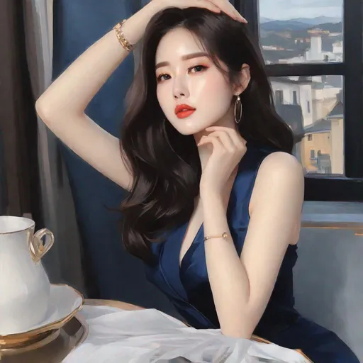 Prompt: My prompt> Humble, Masterpiece, Lee Jaehee, 20 year old milf, from his pov,  ulzzang, realistic kpop idol,  dark blue hair, beautiful woman, big chest, B cup, uhd, realistic, 4k, 8k, photoshoot, extremely high definition, perfection, Henri Émile Benoît Matisse type painting, scenic, portrait, insanity, breathtaking, iridescent, complex, impressive, remarkable, glorious, grandiose, sumptuous, luxurious, 