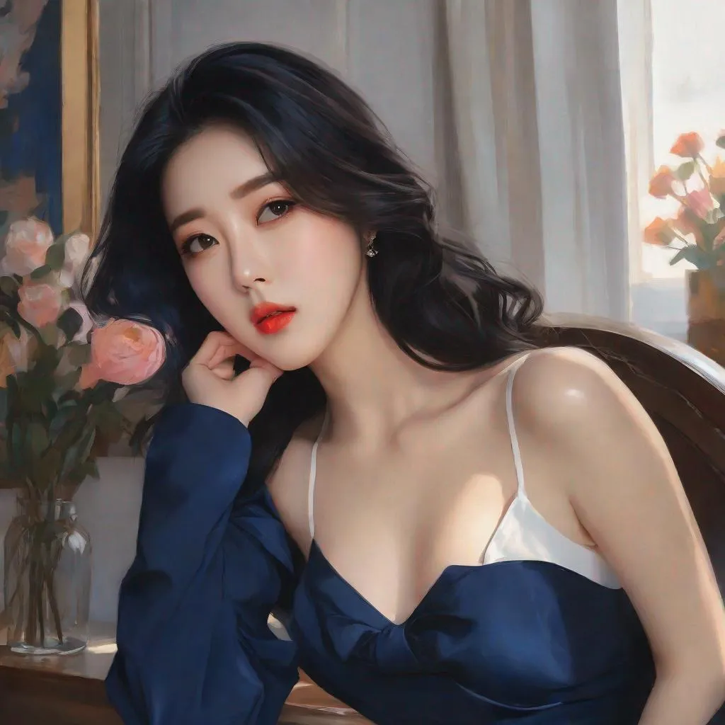 Prompt: My prompt> Humble, Masterpiece, Lee Jaehee, 20 year old milf, from his pov,  ulzzang, realistic kpop idol,  dark blue hair, beautiful woman, big chest, B cup, uhd, realistic, 4k, 8k, photoshoot, extremely high definition, perfection, Henri Émile Benoît Matisse type painting, scenic, portrait, insanity, breathtaking, iridescent, complex, impressive, remarkable, glorious, grandiose, sumptuous, luxurious, 