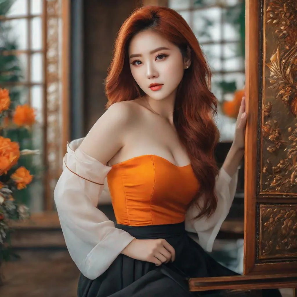 Prompt: My prompt> Humble, Masterpiece, Beautiful Vietnamese woman, 20 year old milf,  ulzzang, realistic kpop idol, red or orange hair. beautiful woman, big chest, B cup, uhd, realistic, 4k, 8k, photoshoot, extremely high definition, perfection, Leonardo da vinci type painting, scenic, portrait, insanity, breathtaking, iridescent, complex, impressive, remarkable, glorious, grandiose, sumptuous, luxurious, 