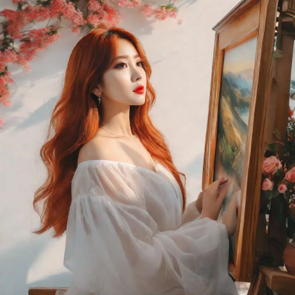 Prompt: My prompt> Humble, Masterpiece, Beautiful Vietnamese woman, 20 year old milf,  ulzzang, realistic kpop idol, red or orange hair. beautiful woman, big chest, B cup, uhd, realistic, 4k, 8k, photoshoot, extremely high definition, perfection, Leonardo da vinci type painting, scenic, portrait, insanity, breathtaking, iridescent, complex, impressive, remarkable, glorious, grandiose, sumptuous, luxurious, 